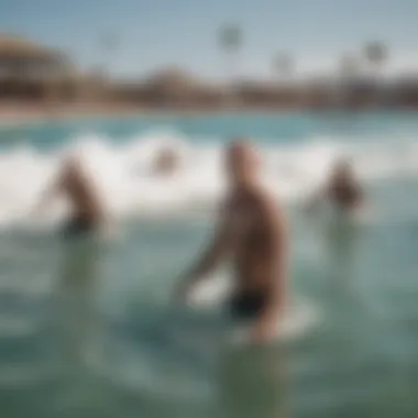 Surfers enjoying the waves at Kelly Slater's wave pool, highlighting community engagement.