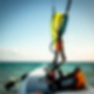Essential Kite Surfing Gear Close-up of essential kite surfing equipment including a kite, board, and harness set against the backdrop of the ocean