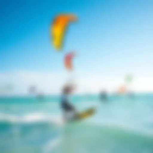 Vibrant Kite Surfing at Miami Beach A vibrant kite surfing scene at Miami Beach displaying colorful kites against a clear blue sky
