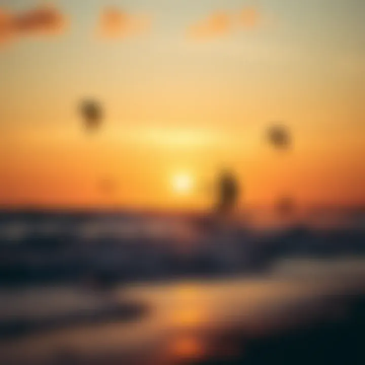 Kite Surfing at Sunset A serene beach scene featuring kite surfers enjoying the sunset
