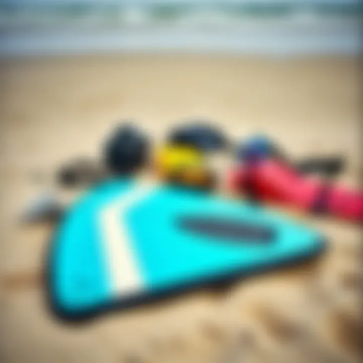 Essential kitesurfing gear laid out on a sandy shore