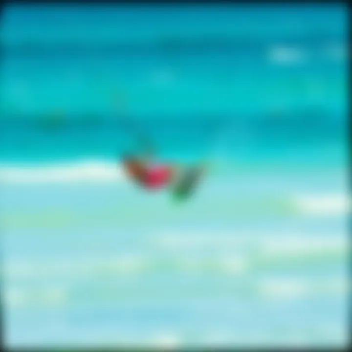 A vibrant kitesurfer soaring above the turquoise waters of the Outer Banks