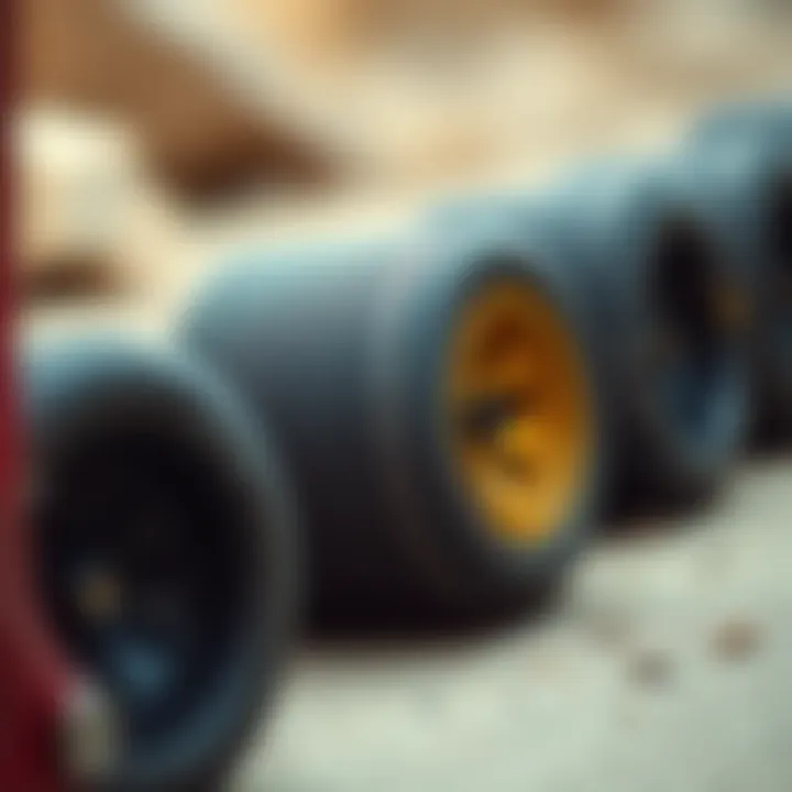 Close-up view of longboard wheels showcasing different durometer hardness levels