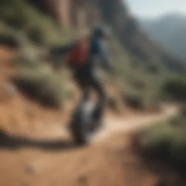 Gliding Through Nature Rider effortlessly gliding on a Onewheel across a rugged terrain
