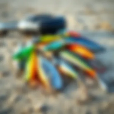 A collection of baits and lures suitable for surf fishing, artfully arranged on a sandy surface.
