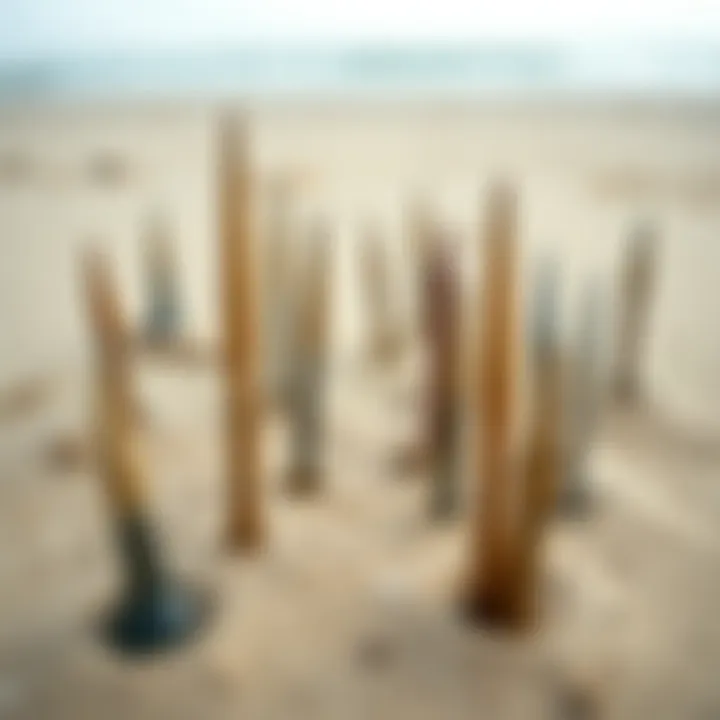 Various types of sand spikes displayed on a sandy shore, highlighting material differences.