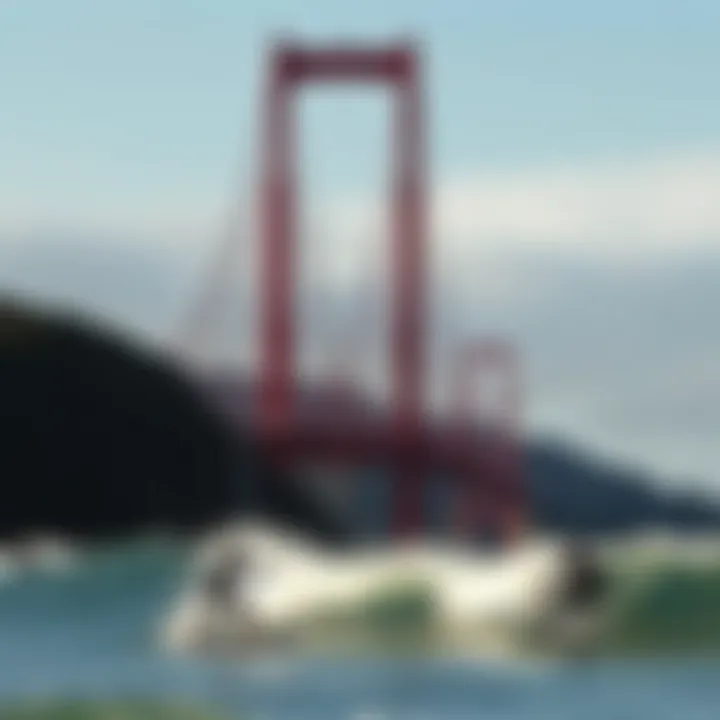 Golden Gate Bridge with surfers in the foreground