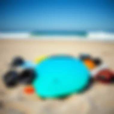 Surfing gear laid out on the beach