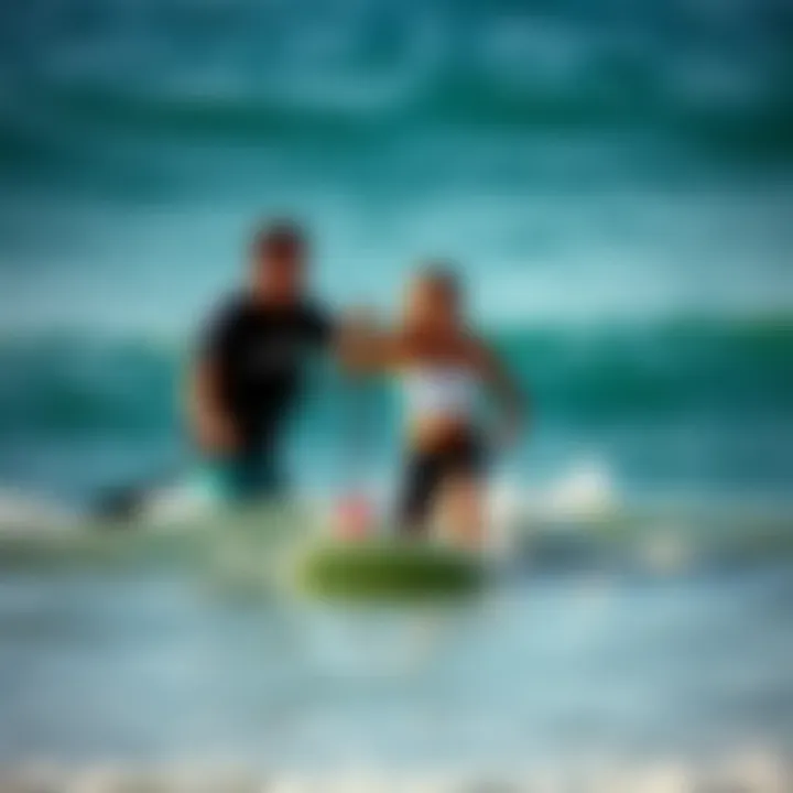 Surf Instructor and Novice An experienced surf instructor guiding a novice on the intricacies of paddle technique in the ocean.