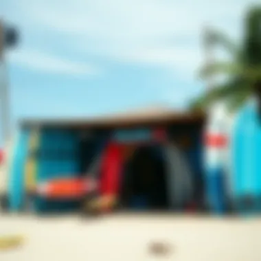 Surf School in Bali A vibrant surf school setup on the beach, showcasing various surfboards and equipment ready for use.