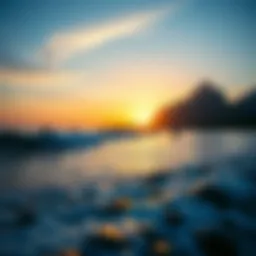 A breathtaking view of surfers catching waves at a popular Bali surf spot during sunset.