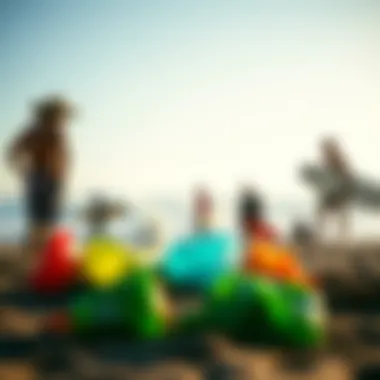 A vibrant beach clean-up event with surfers participating