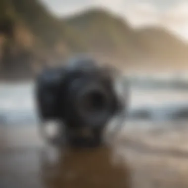 Close-up of surf gear set against a backdrop of misty waves