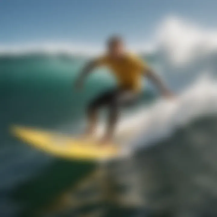 An action shot of a surfer riding a wave with a Naish board, showcasing technique and style