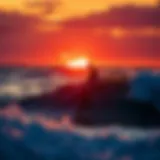 Connection of Surfing and Nature's Beauty Surfer riding a wave with a vibrant sunset in the background