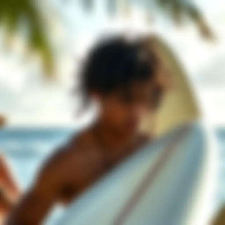 An individual inspecting a surfboard before a rental