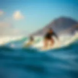 A scenic view of surfers enjoying the waves in Maui