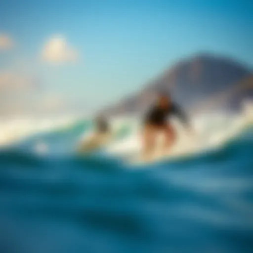 A scenic view of surfers enjoying the waves in Maui