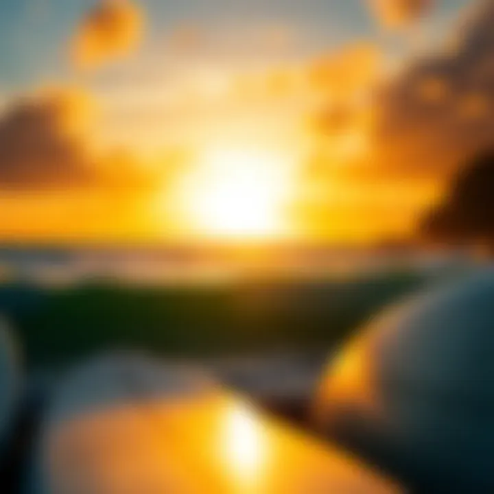 A stunning sunset view over the ocean with surfboards in the foreground