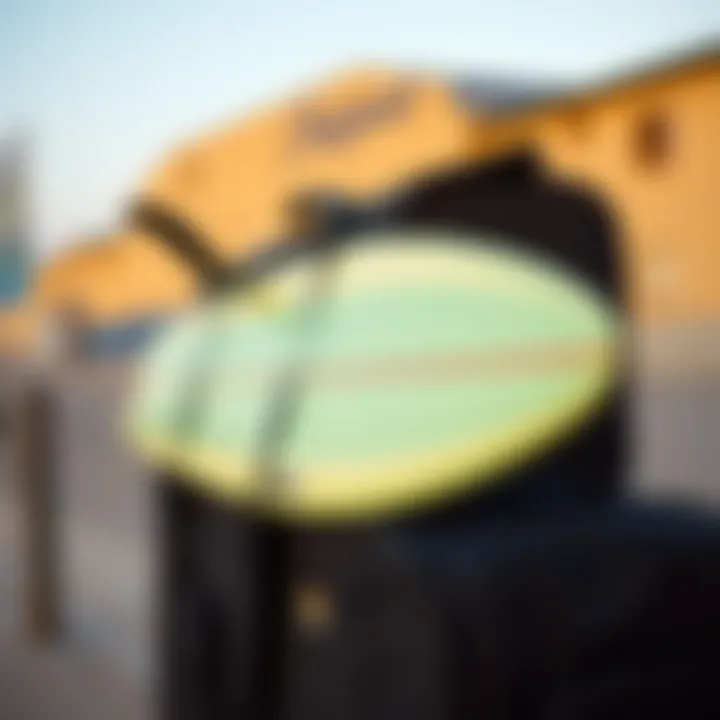 Surfboard Secured in Wheeled Travel Bag Close-up of surfboard secured in a wheeled travel bag