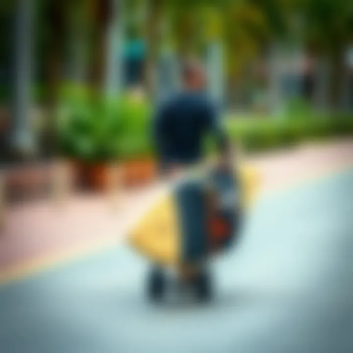 Traveler with Wheeled Surfboard Travel Bag Traveler maneuvering a wheeled surfboard travel bag