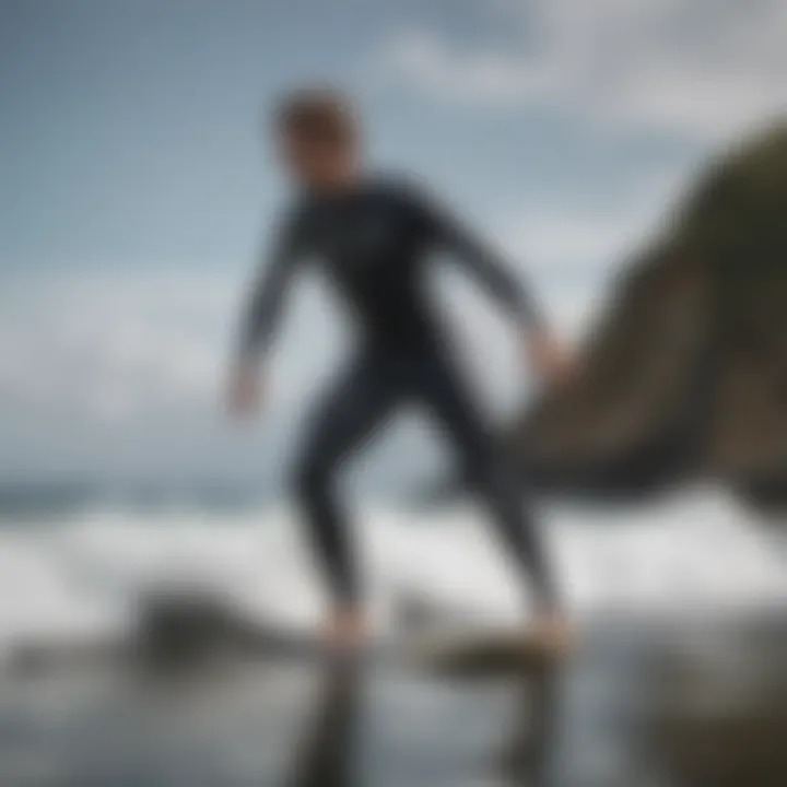 A surfer demonstrating flexibility in a high-performance wetsuit