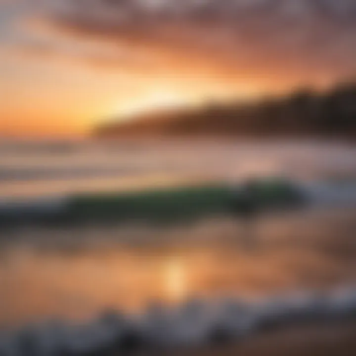 A stunning sunset over Laguna Beach with surfers riding the waves