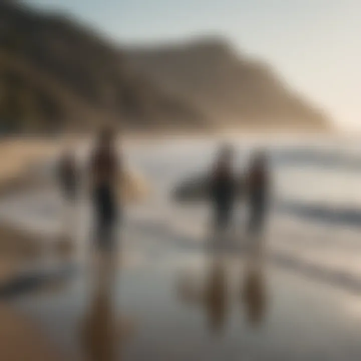 A group of surfers participating in a beach clean-up event