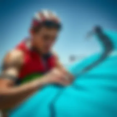 Quality Inspection of a Kitesurfing Kite An individual carefully inspecting the fabric and seams of a kitesurfing kite, emphasizing quality assessment.