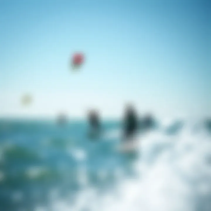 Thrilling Kitesurfing Adventure A serene landscape showing a vibrant kitesurfing scene with participants enjoying the sport, highlighting the thrill of kitesurfing.