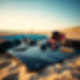 A close-up of kitesurfing equipment laid out on a sandy beach, showcasing the various components involved.