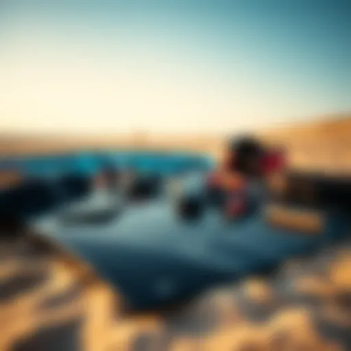 A close-up of kitesurfing equipment laid out on a sandy beach, showcasing the various components involved.