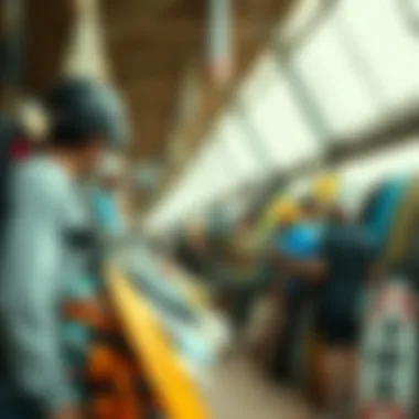 Marketplace for Kitesurfing Gear Exchange A well-organized marketplace for second-hand kitesurfing gear, featuring various sellers and buyers engaging in transactions.