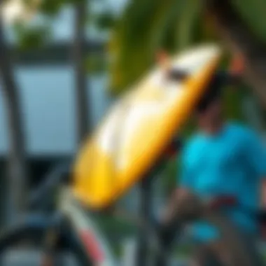 A high-performance surfboard bike rack mounted on a bicycle