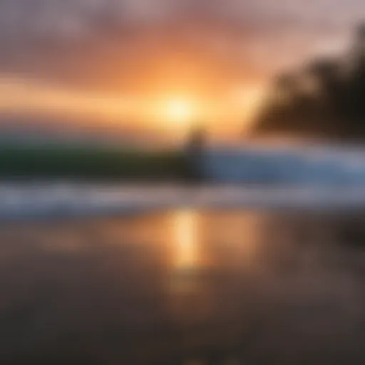 Stunning sunset over a Costa Rican beach with surfers catching waves