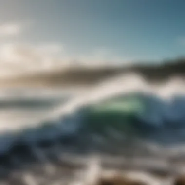 Waves crashing against a rocky shoreline with surfers riding the swells