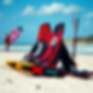 Innovative Kitesurfing Gear Showcase Innovative Ozone kitesurfing gear showcased on the beach.