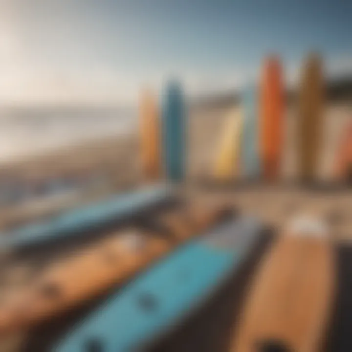 A group of paddle boards on the beach with varying sizes