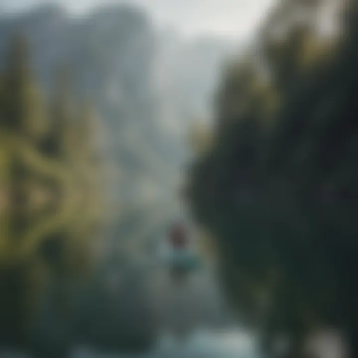A tall individual paddling on a paddle board in a serene lake