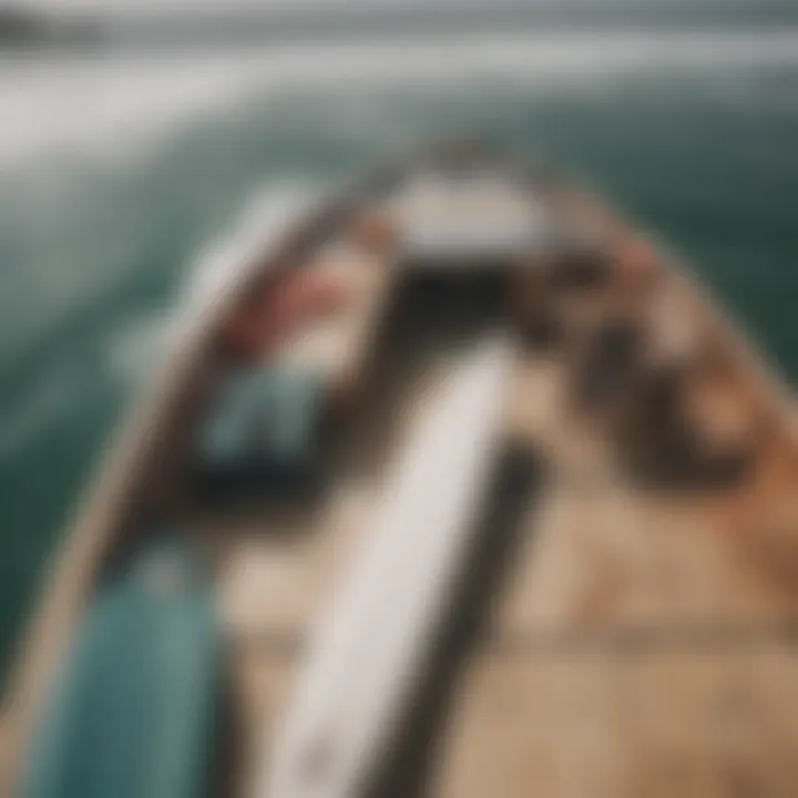 Surfboards arranged on the deck of a Pavati surf boat