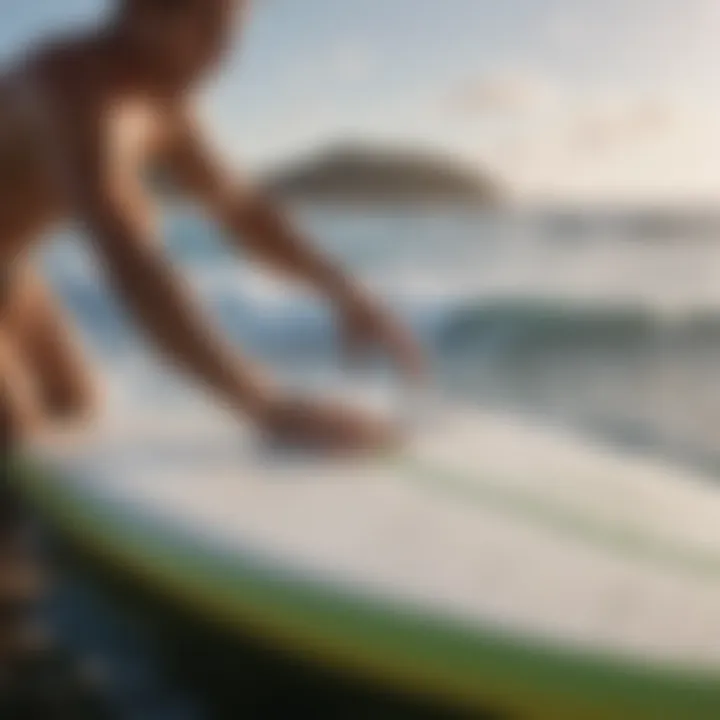 Demonstration of proper grip technique on a surfboard