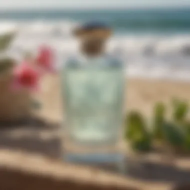 Pure Grace: A Summer Surf Perfume Experience A bottle of Pure Grace summer surf perfume on a beachside table