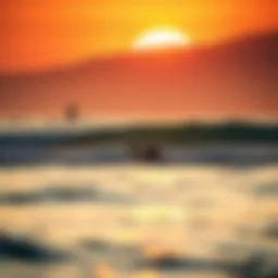 A serene beach landscape showcasing paddle surfers in the distance