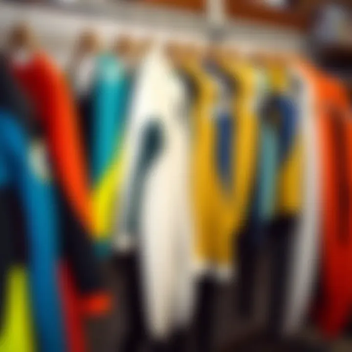 Variety of Wetsuit Types for Surfers Different types of wetsuits hanging on a rack for comparison