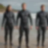 Diverse types of wetsuits displayed for selection