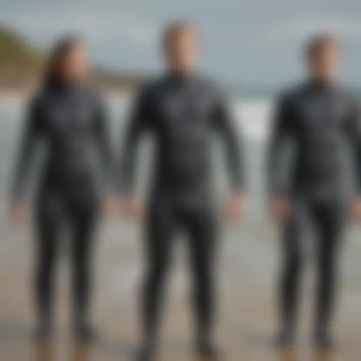 Diverse types of wetsuits displayed for selection