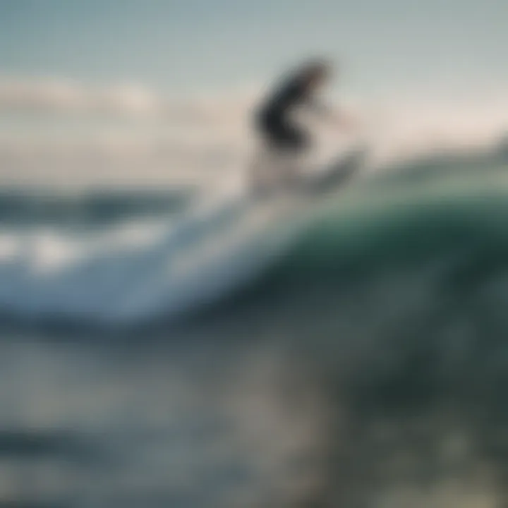 A surfer riding a self-propelled hydrofoil above the waves, showcasing its functionality in action.