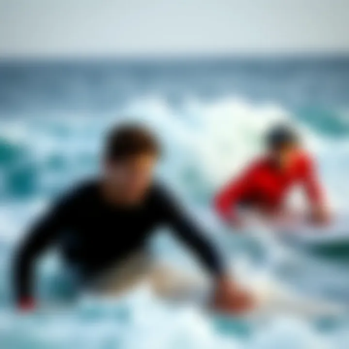 Surfers using shark repellent bracelets in an ocean setting