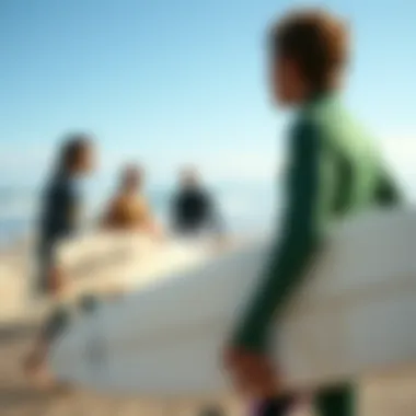 Building Connections in the Surf Community Surfers sharing tips and enjoying camaraderie on the beach