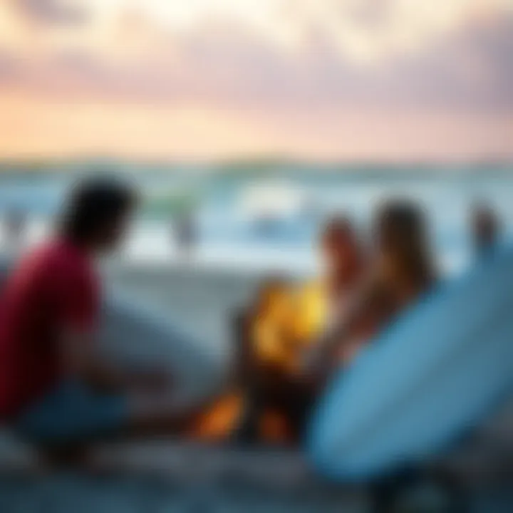 Building Community in Surf Culture Surfers sharing tips and laughter at a beach bonfire